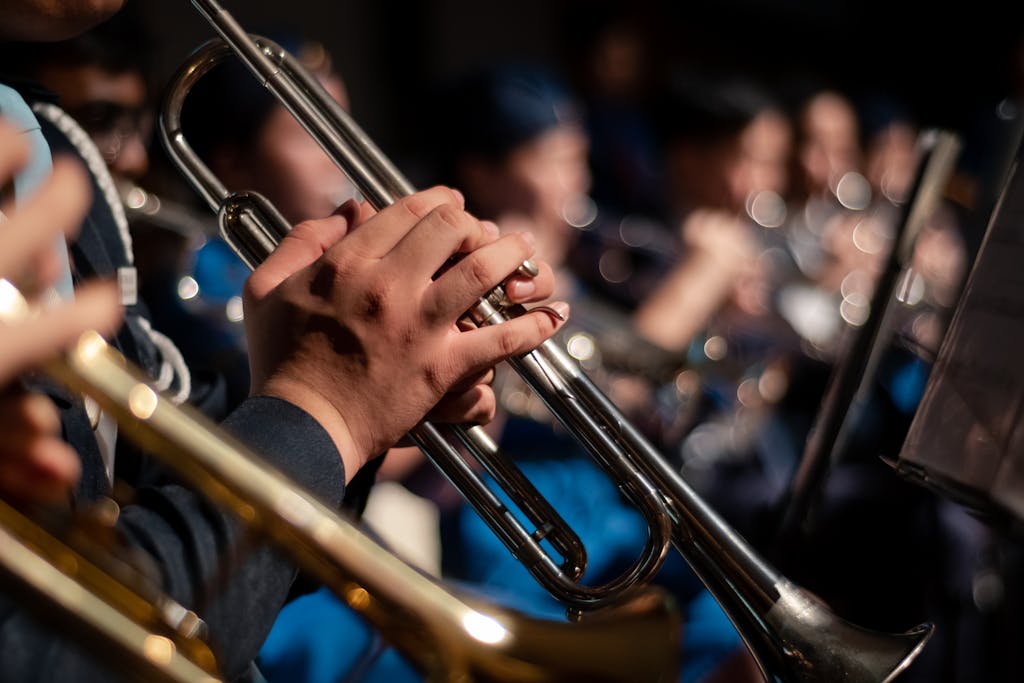 Detailed image of musicians with trumpets during a performance, highlighting musical craftsmanship.